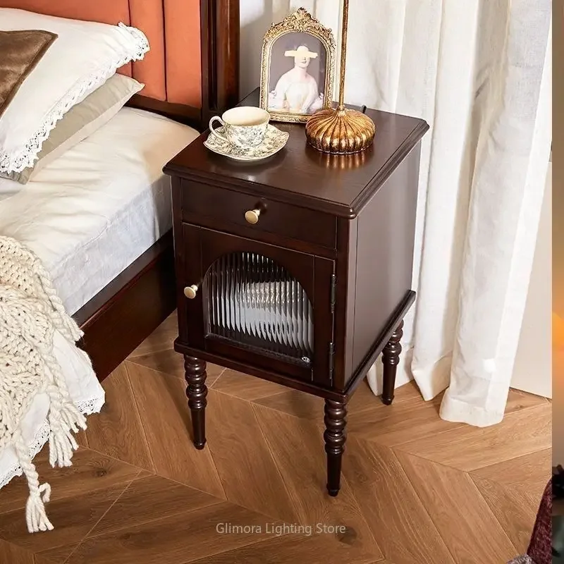 Mesita de Noche de Madera Maciza para Dormitorio, Mueble de Almacenamiento de Lujo Ligero con Cajones, Mueble Decorativo de Estilo Vintage para el Hogar