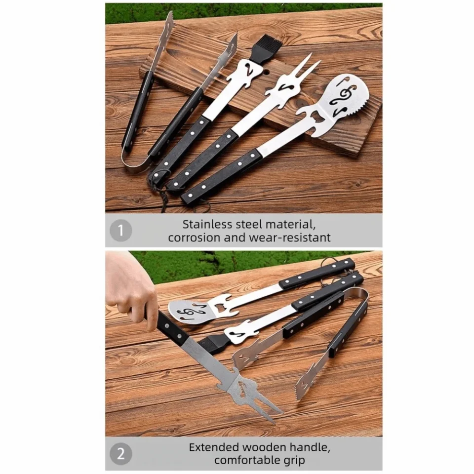 Juego de herramientas para asar de acero inoxidable con mango de madera, pala para barbacoa de fácil drenaje, tenedor, pinza y cepillo de silicona, combinación completa.