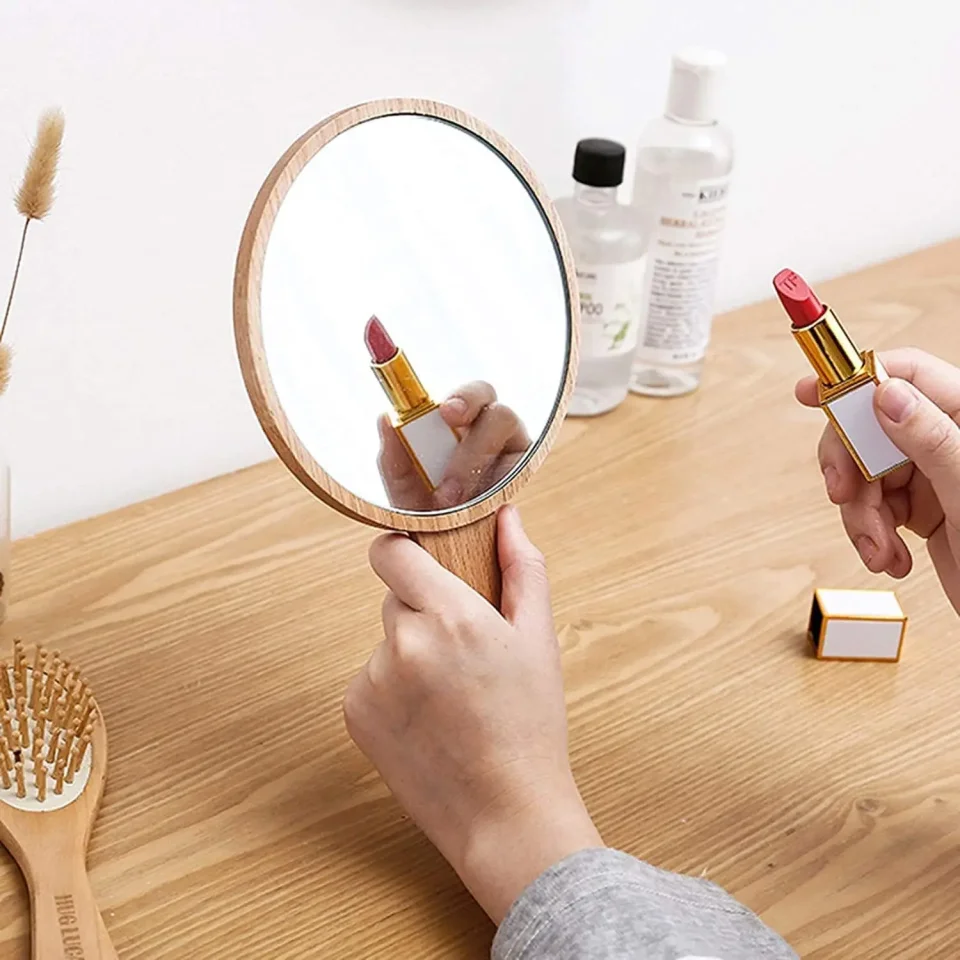 Espejo de mano de madera Natural, marco HD, salón de peluquería, espejo liso, estilo Retro, salón cosmético, espejo de mano para maquillaje