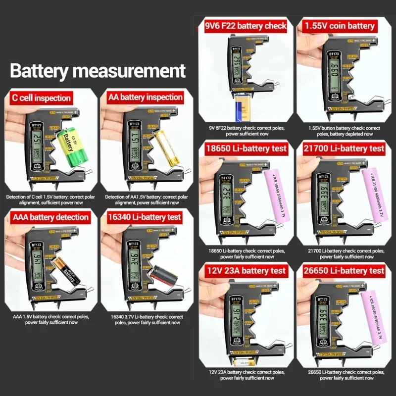 Detector capacidad batería que analiza baterías 3A D C 9V 12V 23A 18650 21700 pantalla doble Digital/barra alimentación