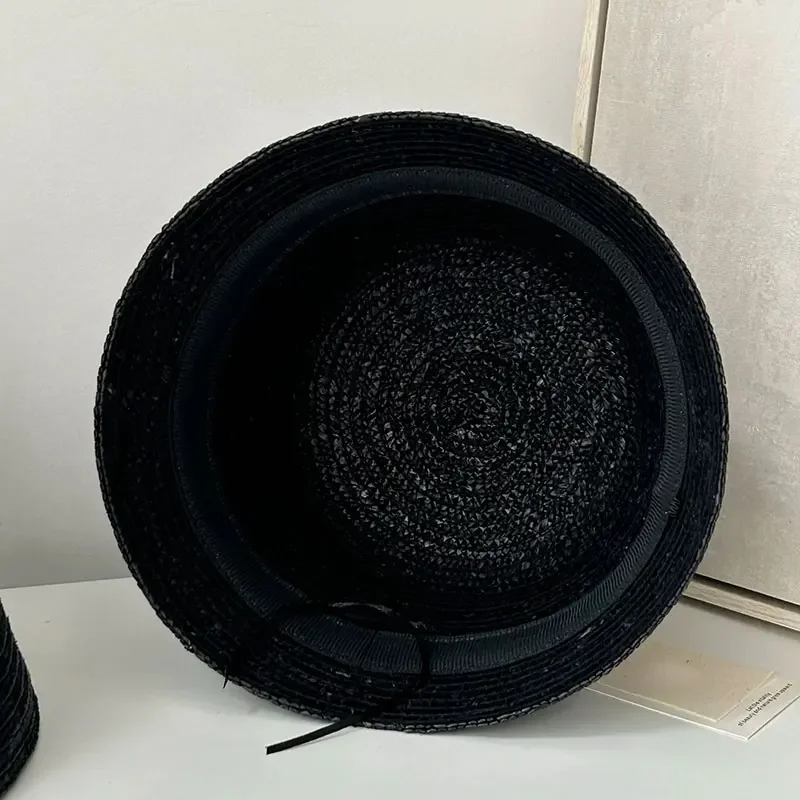 Harajuku moda verano hecho a mano mujeres sombrero de paja negro sombrero con forma de lámpara sombrero Casual playa sombrero para el sol escenario sombreros de lujo sombrero personalizado