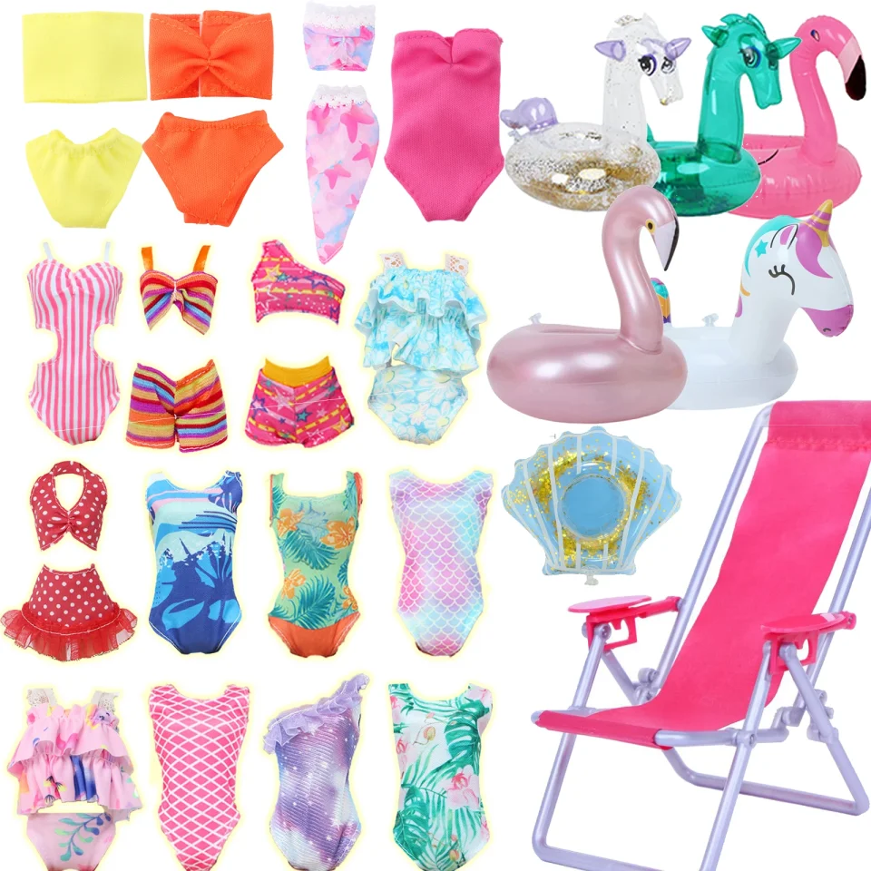 Juego de 3 Accesorios para Muñecas de 11.5 Pulgadas (30 cm) 1/6: Bikini, Silla de Playa y Flotador, Traje de Verano para Juguete