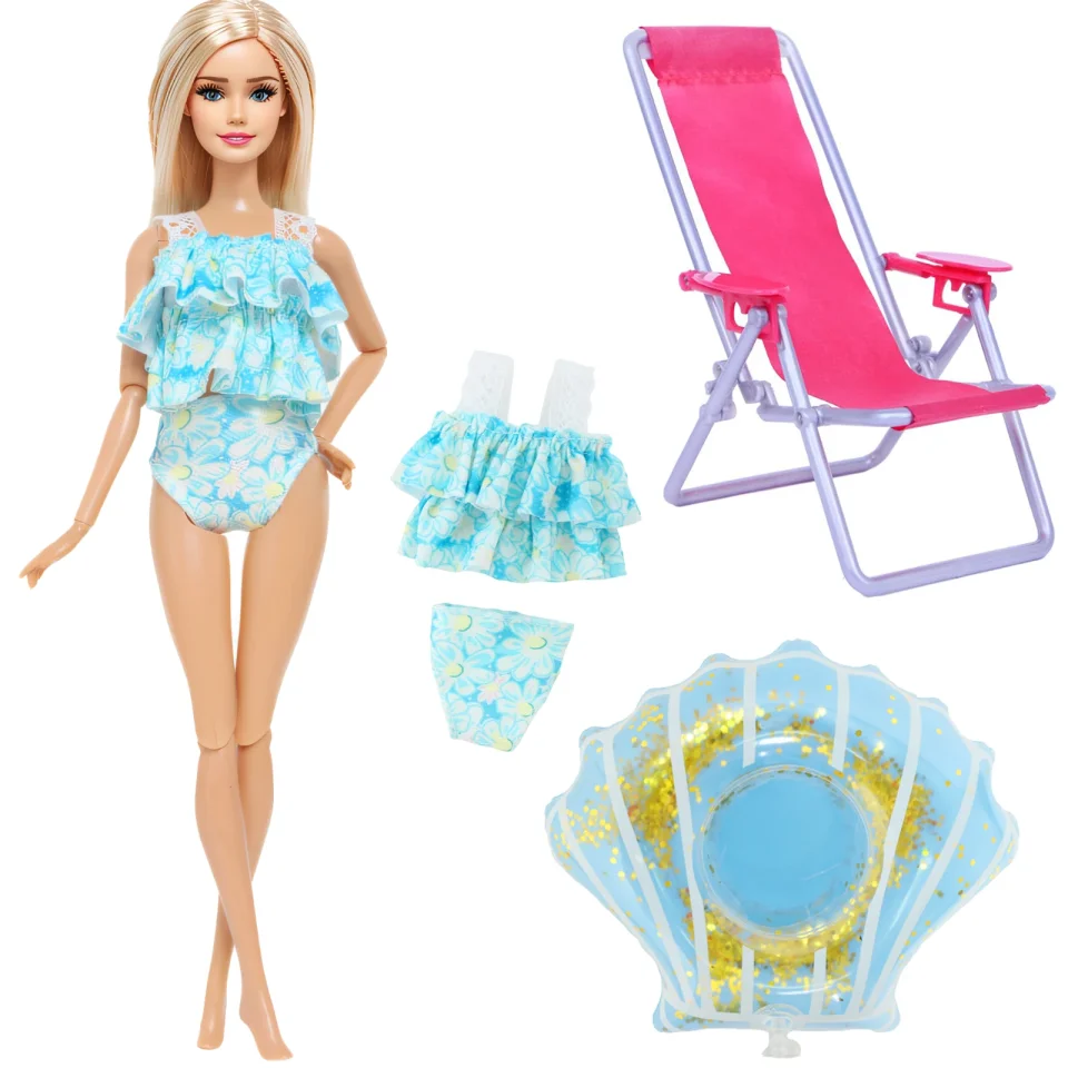 Juego de 3 Accesorios para Muñecas de 11.5 Pulgadas (30 cm) 1/6: Bikini, Silla de Playa y Flotador, Traje de Verano para Juguete