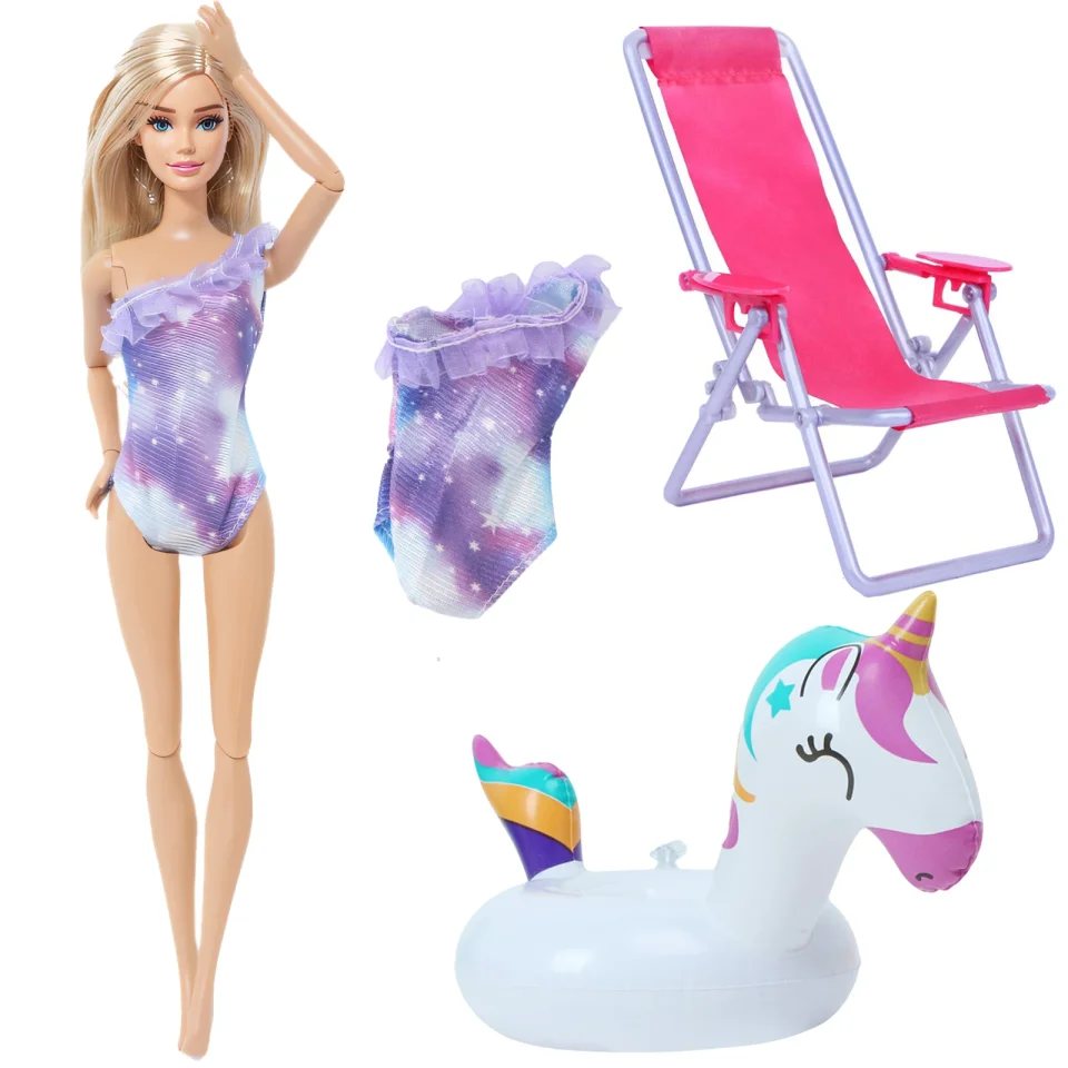 Juego de 3 Accesorios para Muñecas de 11.5 Pulgadas (30 cm) 1/6: Bikini, Silla de Playa y Flotador, Traje de Verano para Juguete