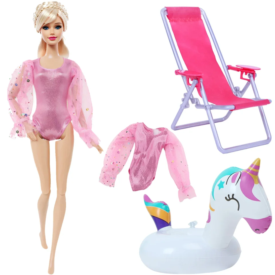 Juego de 3 Accesorios para Muñecas de 11.5 Pulgadas (30 cm) 1/6: Bikini, Silla de Playa y Flotador, Traje de Verano para Juguete