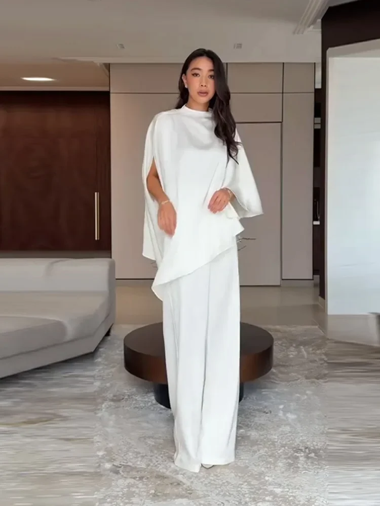 Conjuntos de Pantalones para Mujer, Cuello Redondo Sólido, Tops Asimétricos Oversize, Pantalones de Pierna Ancha con Cintura Elástica, Nuevos Conjuntos de Moda para Oficina