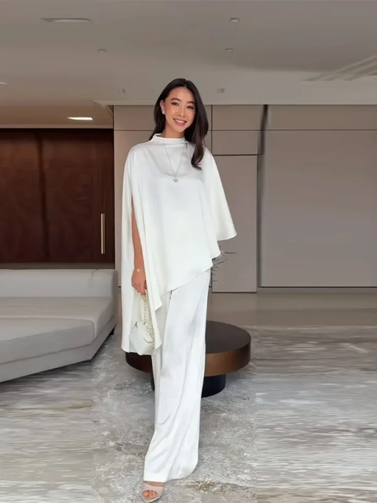 Conjuntos de Pantalones para Mujer, Cuello Redondo Sólido, Tops Asimétricos Oversize, Pantalones de Pierna Ancha con Cintura Elástica, Nuevos Conjuntos de Moda para Oficina