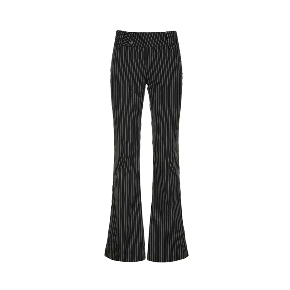 Ropa de los años 2000 Y2k, pantalones con corte de bota de tiro bajo, pantalones informales de mujer a rayas negras, ropa de calle, pantalones acampanados básicos sexis para oficina para mujer