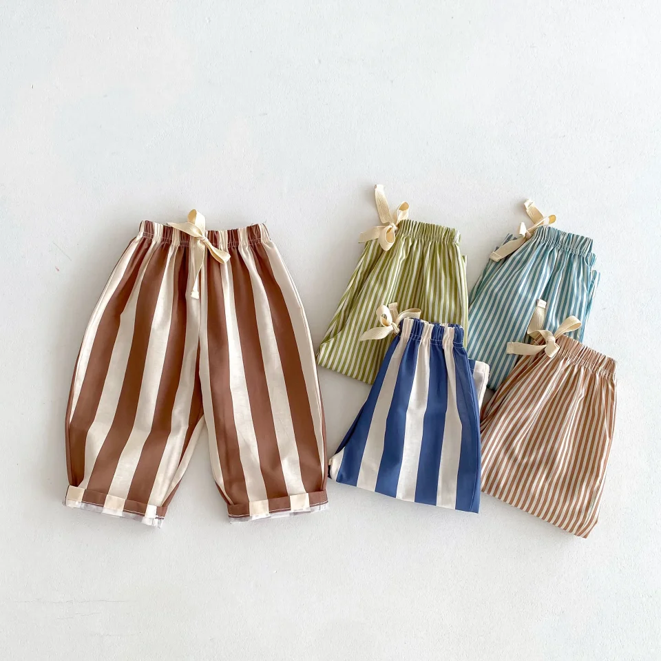 Pantalones a rayas para niños y niñas, ropa deportiva informal, pantalones sueltos finos, ropa exterior, pantalones versátiles simples, Moda de Primavera
