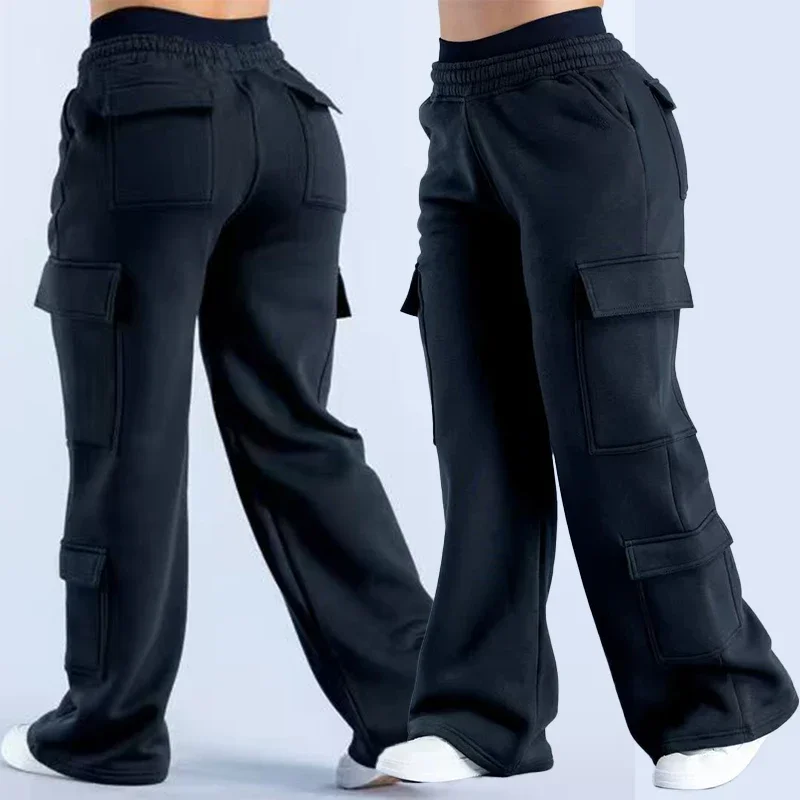 Pantalones de Trabajo Americanos de Moda para Mujer, de Cintura Baja, con Cinturón, Pierna Recta y Ancha, Color Sólido, Casuales, con Múltiples Bolsillos