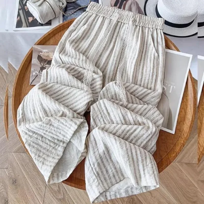 Pantalones de verano para mujer, pantalones finos de algodón y lino transpirables a rayas, pantalones de pierna ancha, pantalones ligeros con cordón de encaje, pantalones bohemios nuevos