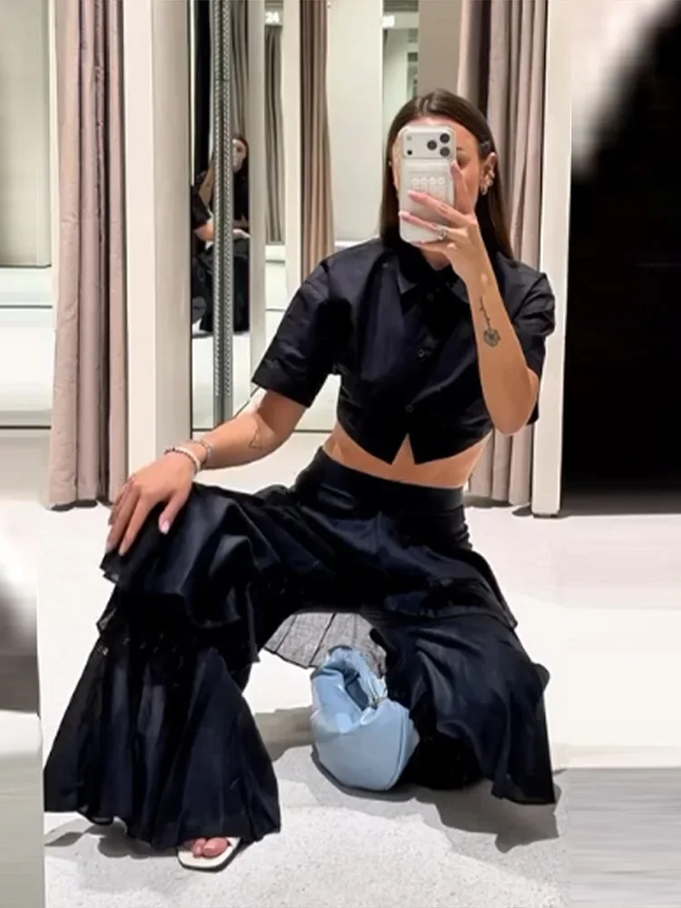 Pantalones de Moda Azul Marino con Volantes en Capas para Mujer, de Cintura Alta y Pierna Ancha, Largos, Novedad 2026, Ropa Casual de Vacaciones y Estilo Urbano para Dama