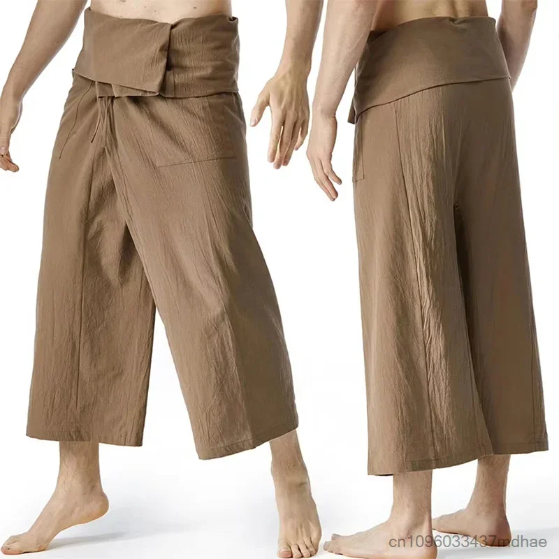 Pantalones de Artes Marciales de Color Sólido, Cintura Alta, Pierna Ancha, Estilo Pirata, Casuales, para Cosplay, Pantalones de Pescador para Hombre