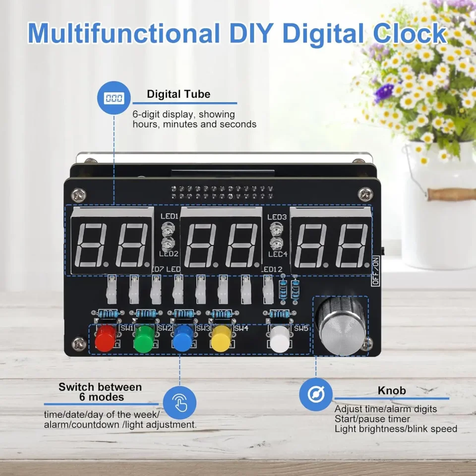 Kit de soldadura de reloj electrónico, reloj Digital de 6 bits con luces coloridas, temporizador de cuenta atrás DIY, Kit electrónico de reloj despertador de 24 horas