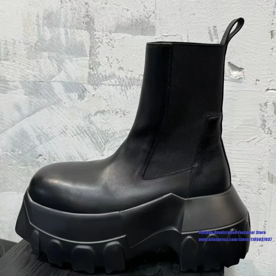 Botas Chelsea negras con plataforma gruesa, punta redonda, banda elástica, sin cordones, estilo gótico, suela gruesa, botines de lujo para hombre