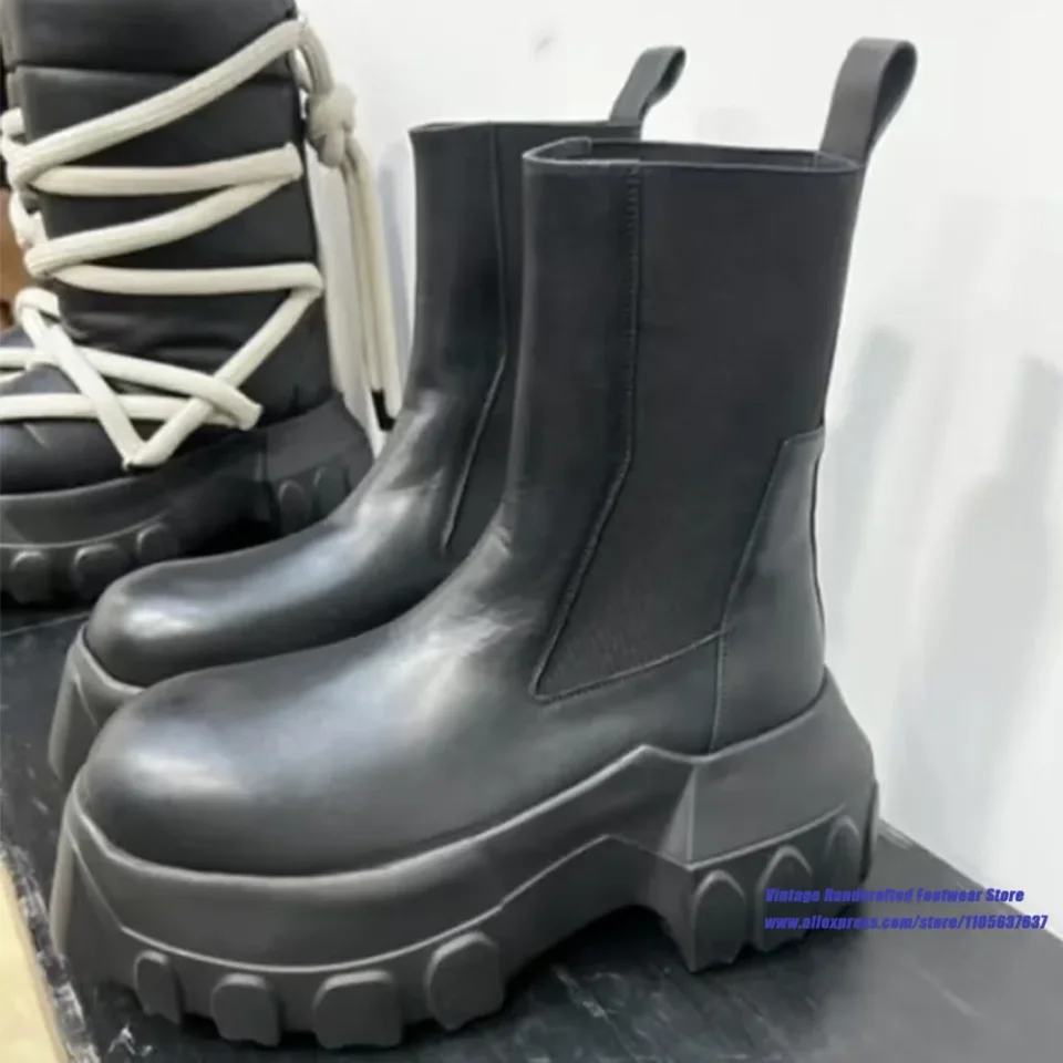 Botas Chelsea negras con plataforma gruesa, punta redonda, banda elástica, sin cordones, estilo gótico, suela gruesa, botines de lujo para hombre