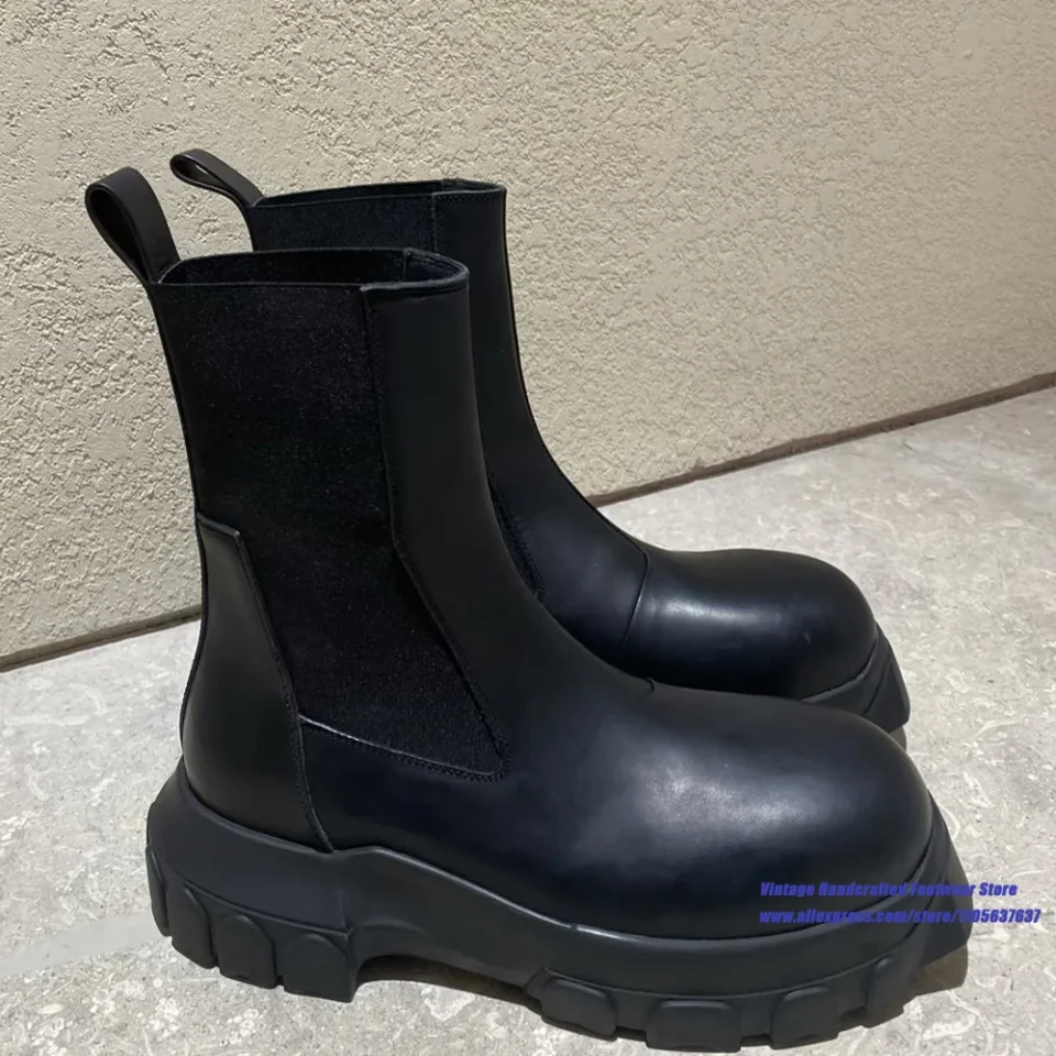 Botas Chelsea negras con plataforma gruesa, punta redonda, banda elástica, sin cordones, estilo gótico, suela gruesa, botines de lujo para hombre