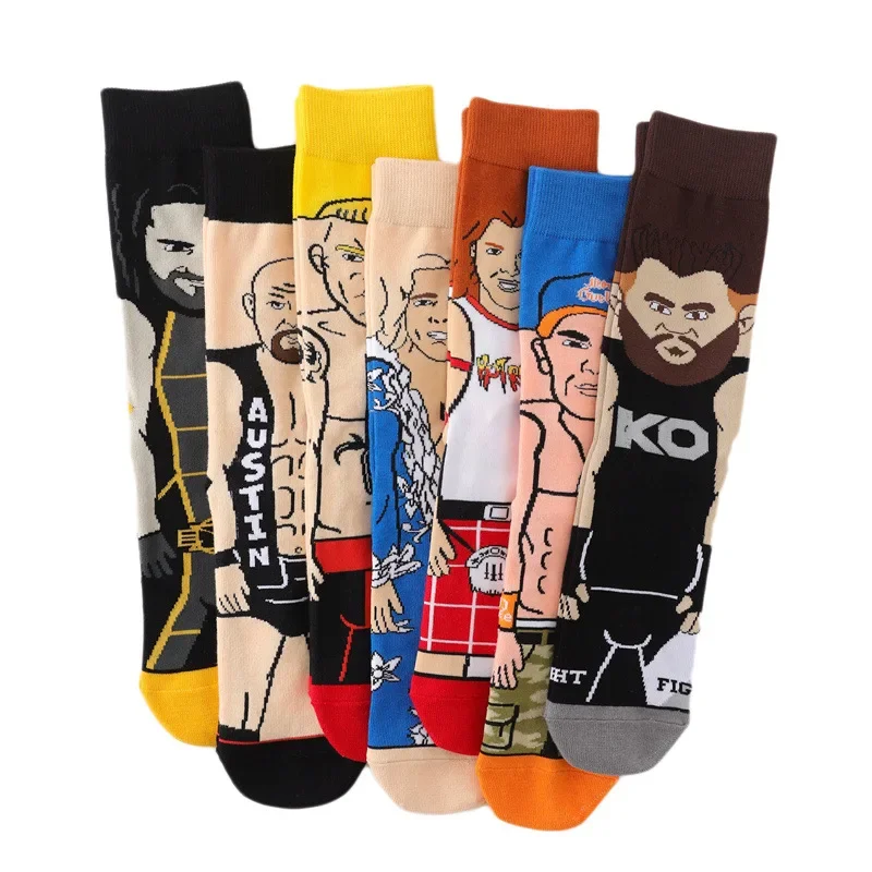 Calcetines de hombre Crazy Cartoon Wrestling Series personajes de películas deportivas Hip Hop divertidos calcetines largos para monopatín