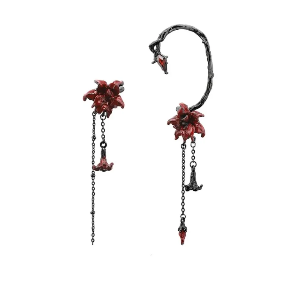 Nueva joyería de flor de Mandala roja oscura, anillos de estilo gótico de aleación de estilo Punk, pendientes de borla Y2K, regalos