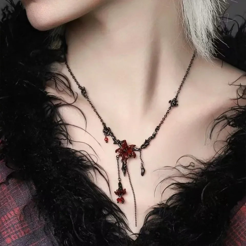 Nueva joyería de flor de Mandala roja oscura, anillos de estilo gótico de aleación de estilo Punk, pendientes de borla Y2K, regalos