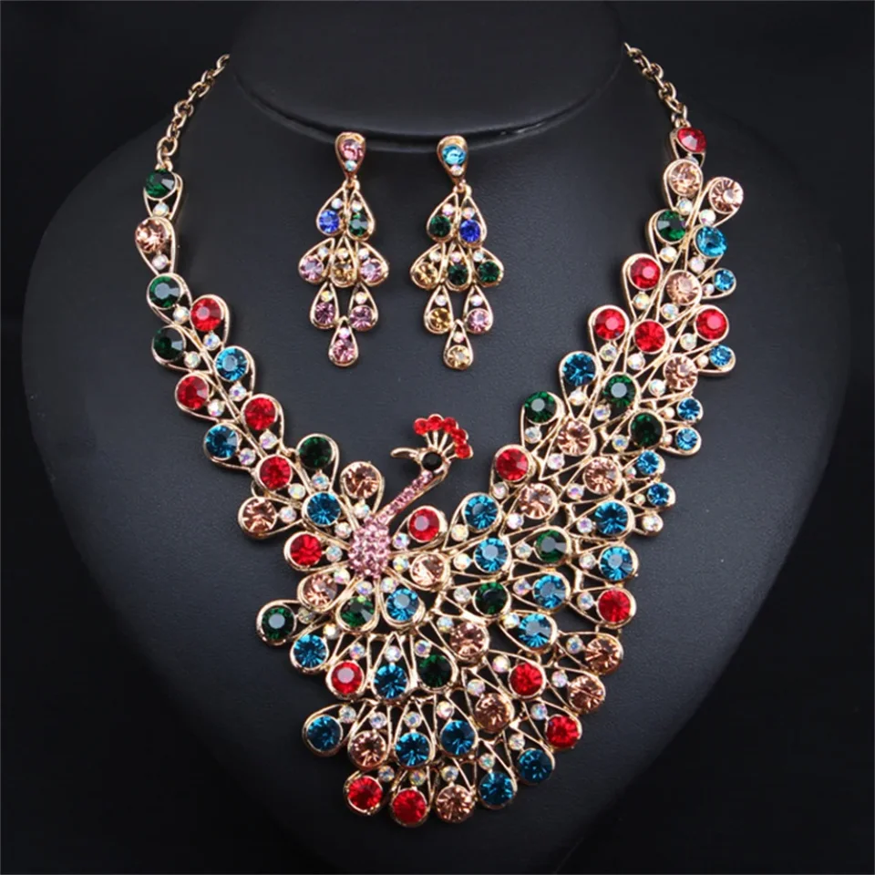 Hermosas colores cristal pavo real floración Collar pendiente boda conjunto de joyería de lujo regalo de banquete nupcial de moda