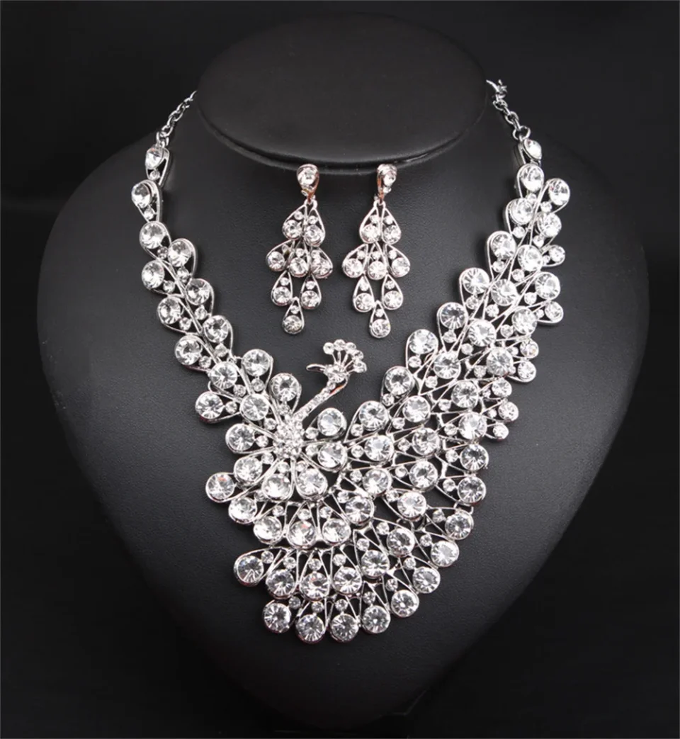 Hermosas colores cristal pavo real floración Collar pendiente boda conjunto de joyería de lujo regalo de banquete nupcial de moda