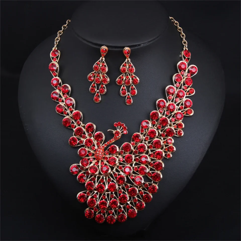 Hermosas colores cristal pavo real floración Collar pendiente boda conjunto de joyería de lujo regalo de banquete nupcial de moda