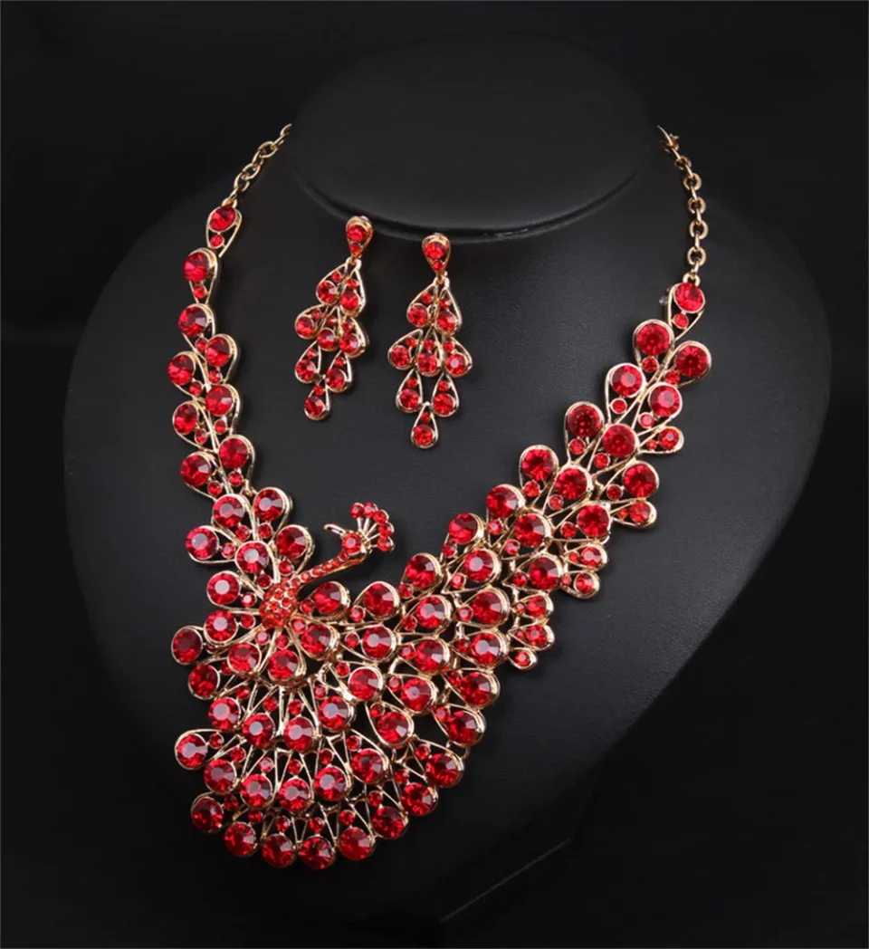 Hermosas colores cristal pavo real floración Collar pendiente boda conjunto de joyería de lujo regalo de banquete nupcial de moda