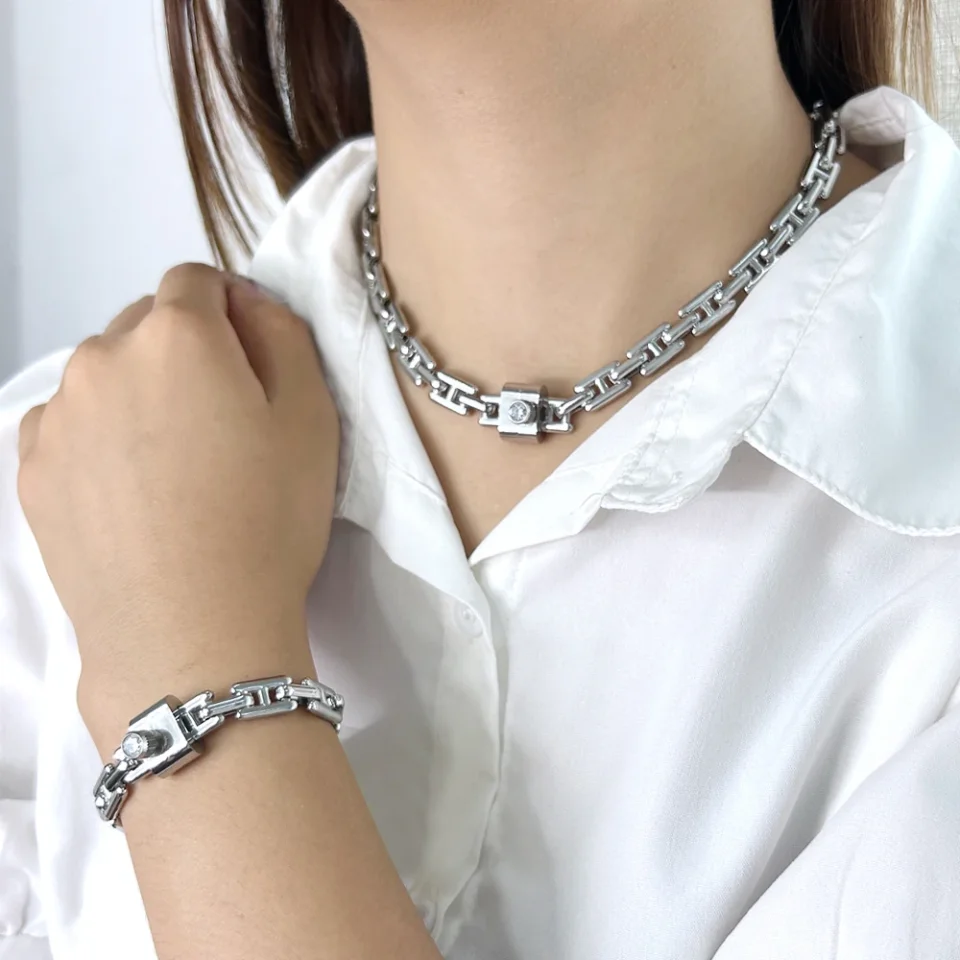 USENSET-Conjunto de joyería de acero inoxidable pulido, cadena personalizada para el cuello y la muñeca, Color dorado y plateado, regalo