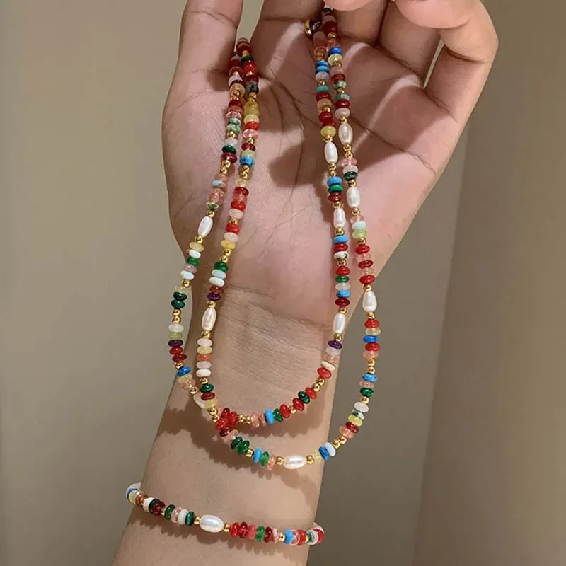 Collares de perlas naturales de agua dulce de piedra de cuentas coloridas a la moda para mujer, collar de cadena de clavícula de Color dorado Retro, regalos de joyería