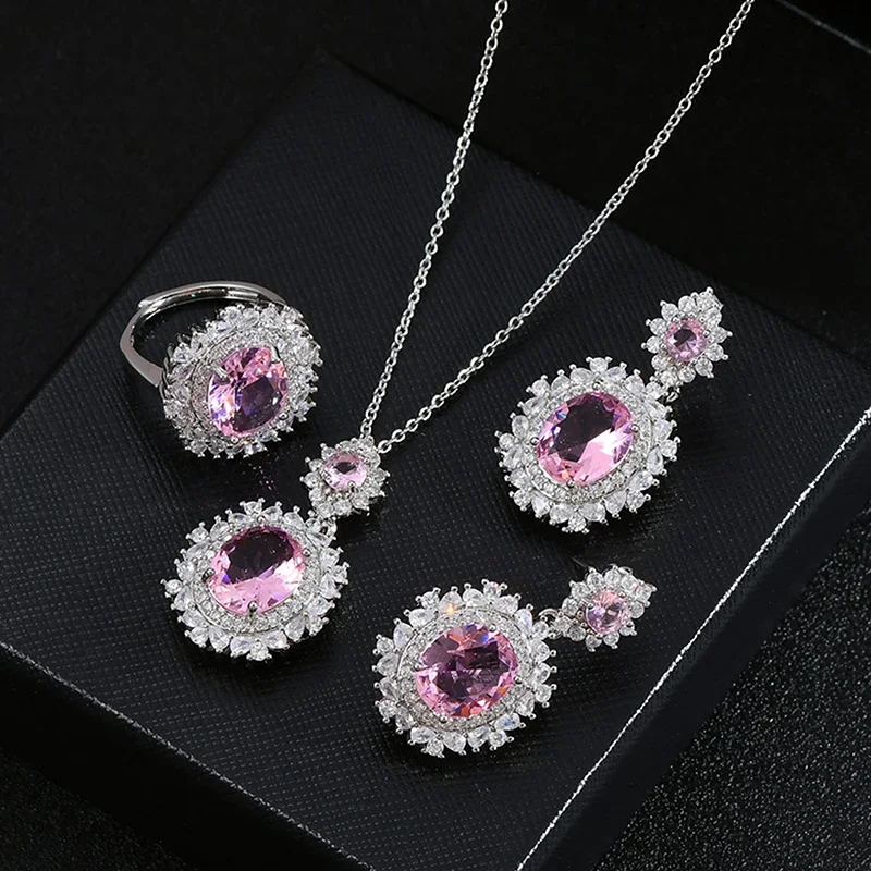 3 unids/set para mujeres niñas fiesta elegante lujo moda cristal circón collar pendientes anillo boda novia joyería conjunto regalos