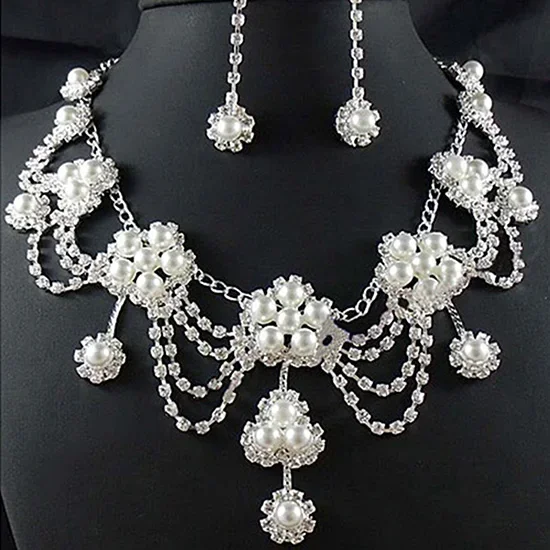 Conjunto de joyería nupcial para boda, collar de perlas de imitación con diamantes de imitación de lujo para mujer, conjunto de joyería brillante de lujo, joyería de boda para mujer