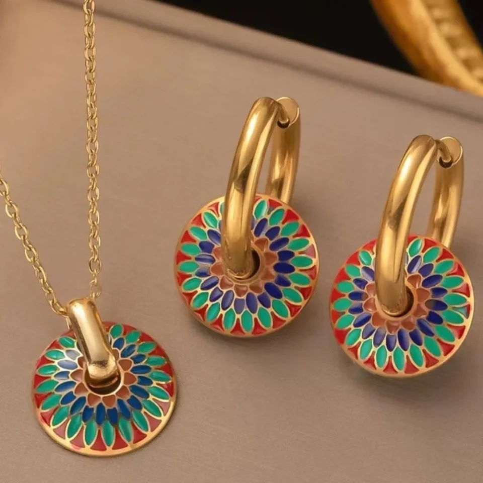 Conjunto de joyería de aleación con patrón floral pintado, collar con colgante que no se decolora, diseño geométrico, pendientes con diseño de goteo de aceite de colores