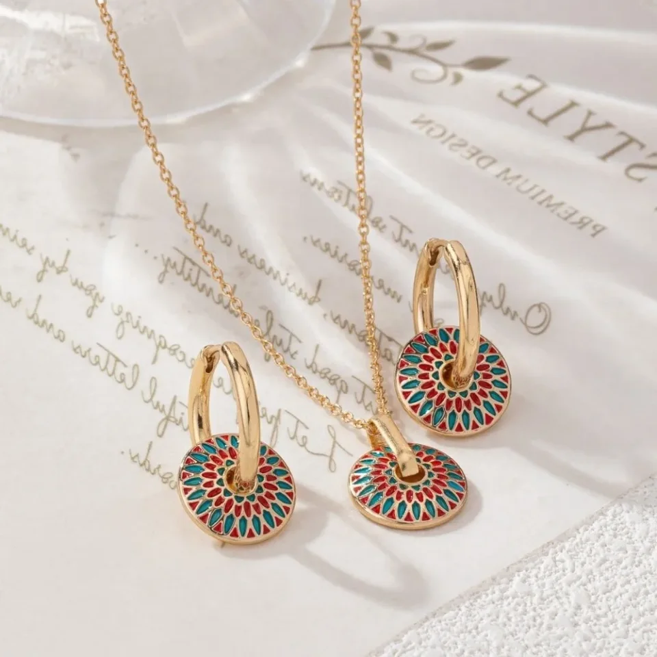 Conjunto de joyería de aleación con patrón floral pintado, collar con colgante que no se decolora, diseño geométrico, pendientes con diseño de goteo de aceite de colores