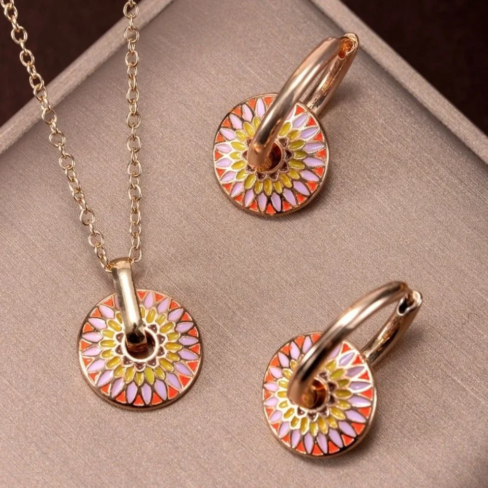 Conjunto de joyería de aleación con patrón floral pintado, collar con colgante que no se decolora, diseño geométrico, pendientes con diseño de goteo de aceite de colores