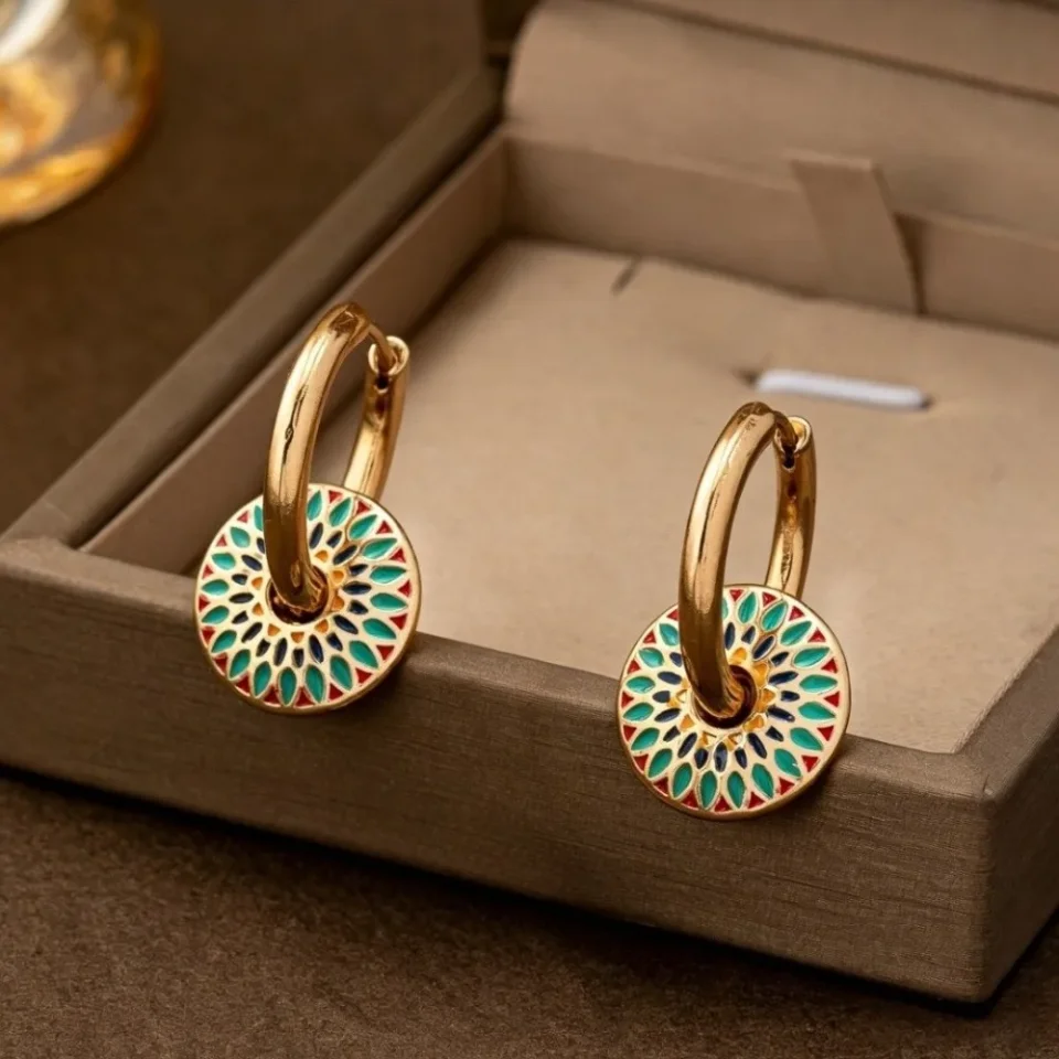 Conjunto de joyería de aleación con patrón floral pintado, collar con colgante que no se decolora, diseño geométrico, pendientes con diseño de goteo de aceite de colores