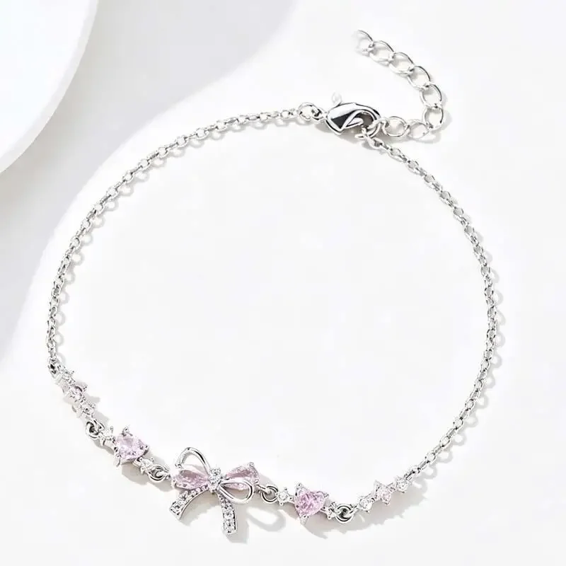 Pulsera de Lazo con Flor de Circonia Brillante, Bañada en Oro Rosa, 1 Pieza, Joyería de Moda para Mujer, Accesorio para Novia o Dama de Honor