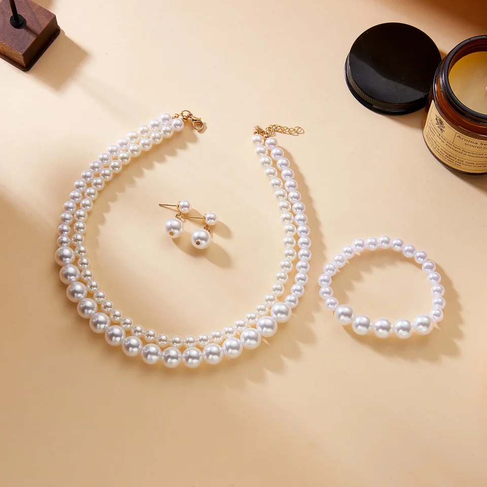 Rinhoo-Conjunto de joyería elegante de perlas de imitación para mujer, collar versátil, pulsera, pendientes, joyería para fiesta y boda