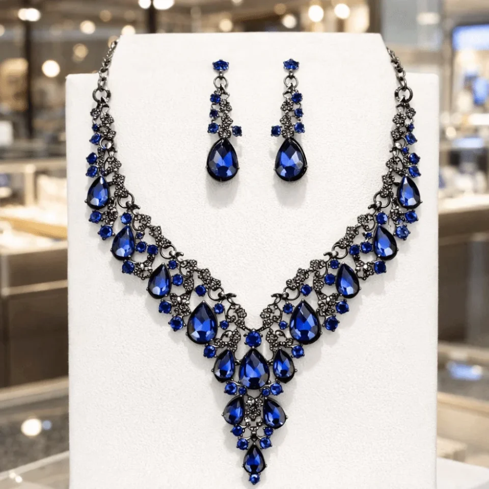Conjunto de Joyas de Pedrería Brillante y Reluciente para Mujer, Accesorios para Vestido de Gala, Collar y Pendientes de Cristal de Lujo