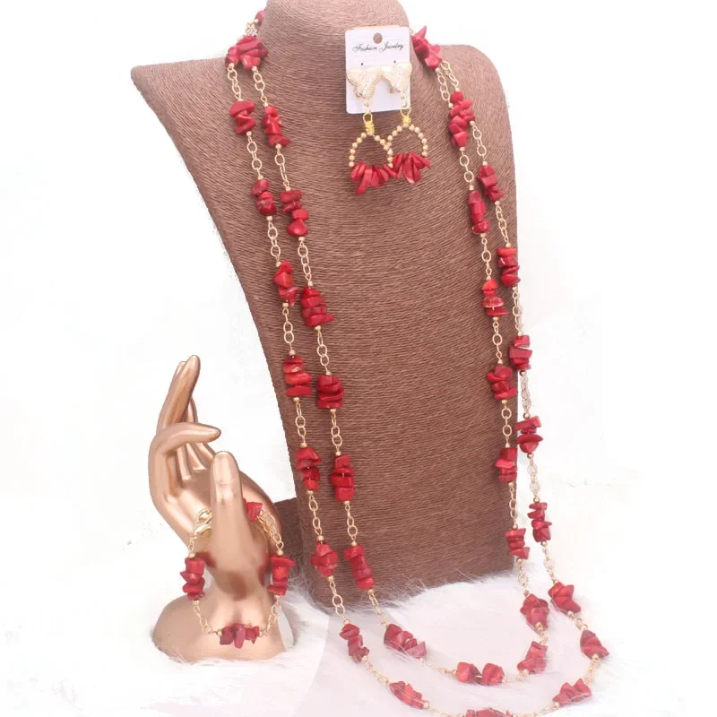 4ujewelry-collar de cuentas de Coral nigeriano para mujer, conjuntos de joyería nupcial, diseño largo de boda, 3 piezas