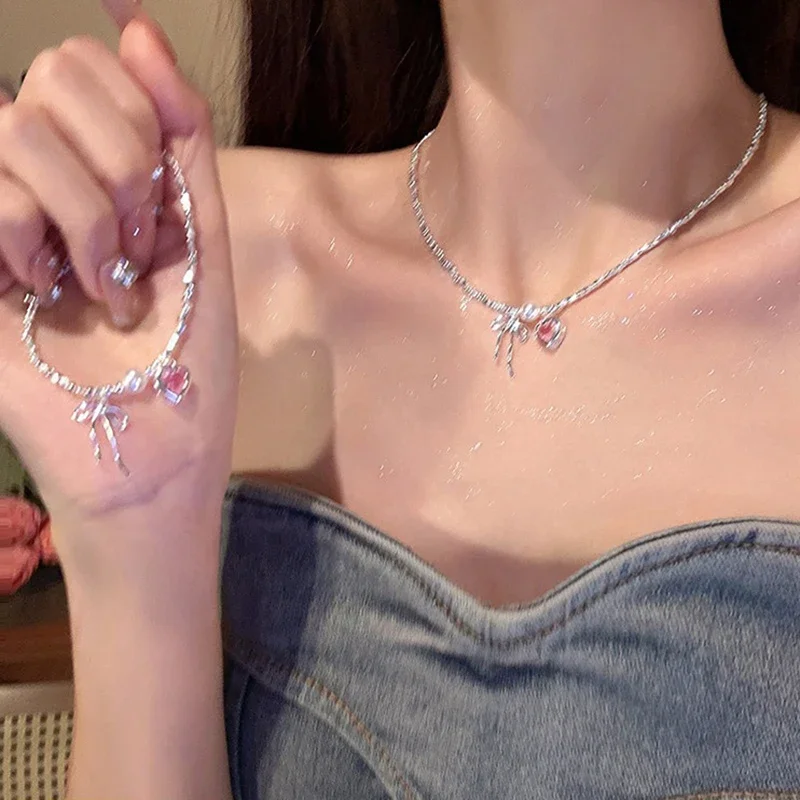 Y2K-collar con lazo a la moda para mujer, pulsera de cadena de clavícula de circón rosa, conjunto de joyería elegante y dulce de estilo Ballet, regalos de fiesta