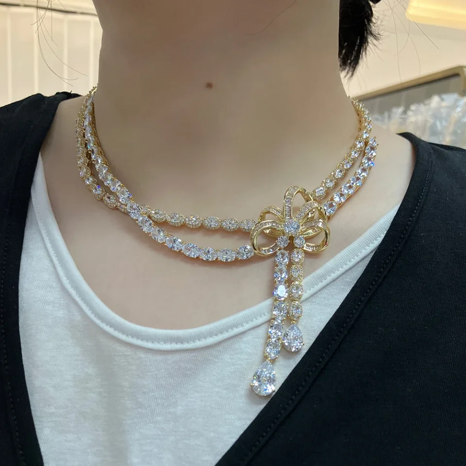 IN JEWELIFE - Juego de Joyas de Lujo con Dos Hileras de Circonitas Cúbicas Superpuestas para Mujer, Conjuntos de Boda, Accesorios Nupciales con Lazo, 241105