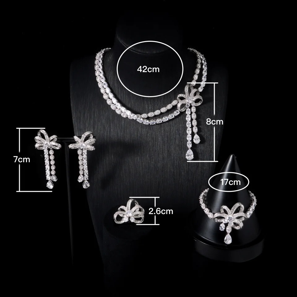 IN JEWELIFE - Juego de Joyas de Lujo con Dos Hileras de Circonitas Cúbicas Superpuestas para Mujer, Conjuntos de Boda, Accesorios Nupciales con Lazo, 241105