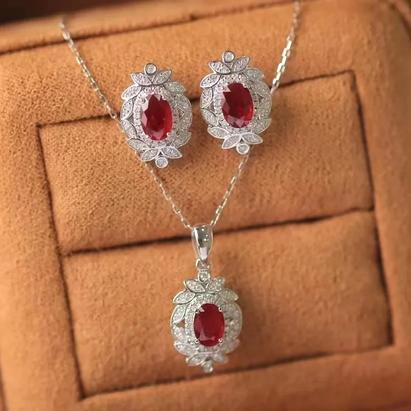 Plata 925 con incrustaciones llenas de diamantes, hojas, conjuntos de joyas de rubí, piedras preciosas rojas frescas, collar de boda, anillo, pendientes de lujo ligeros