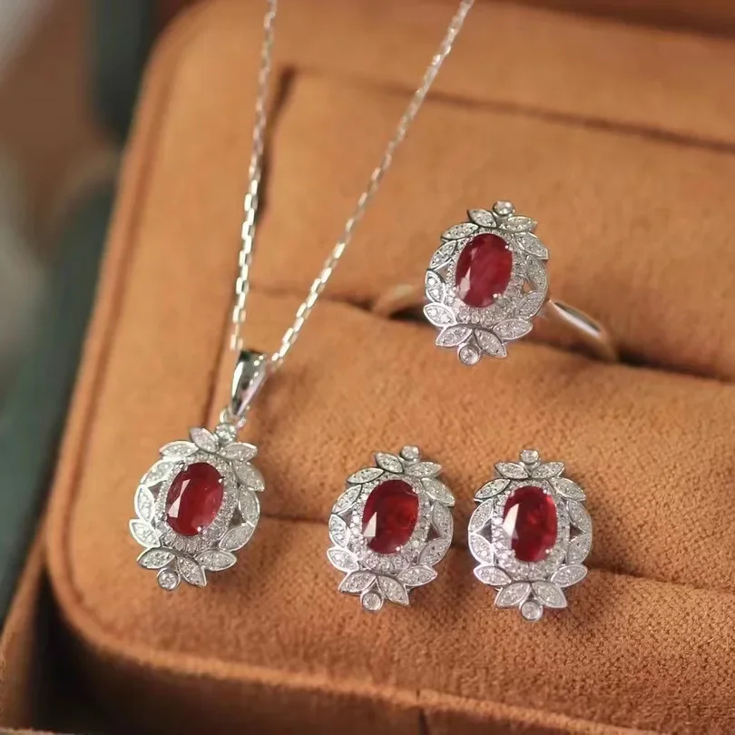 Plata 925 con incrustaciones llenas de diamantes, hojas, conjuntos de joyas de rubí, piedras preciosas rojas frescas, collar de boda, anillo, pendientes de lujo ligeros