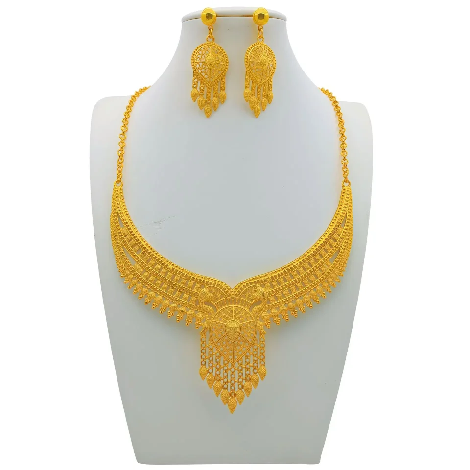 Nuevo Juego de Joyería de Moda de Dubái, Chapado en Oro de 24K, Collar y Aretes, Exquisito para Fiestas de Compromiso, para Parejas