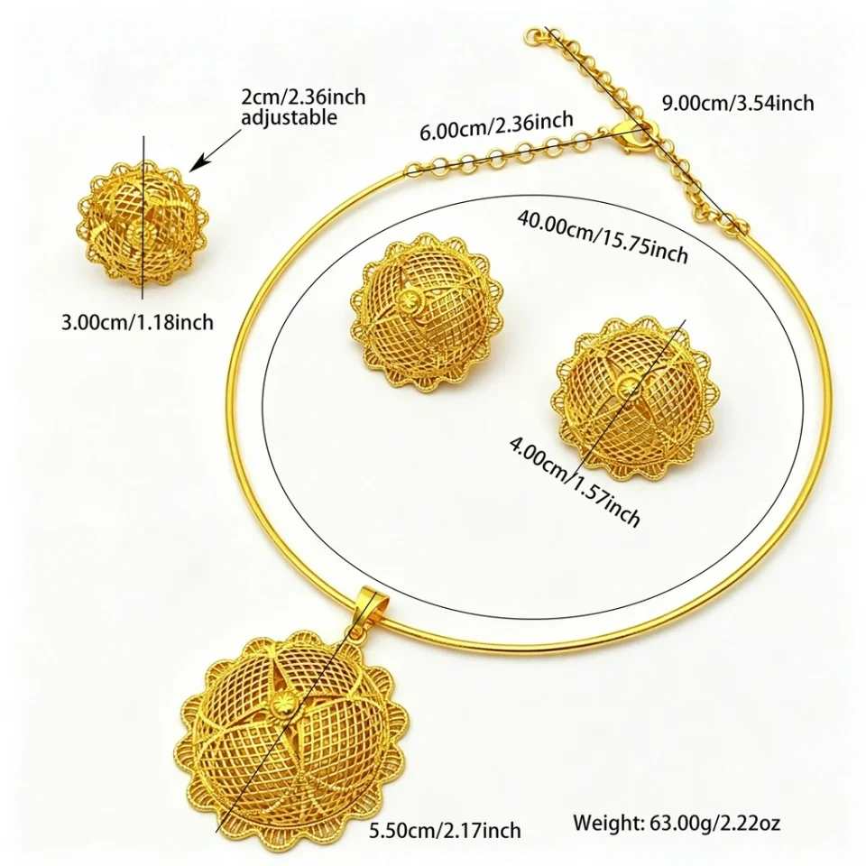 Conjuntos de Joyería de Lujo Chapados en Oro de 24k para Mujer, Estilo Africano, Indio, Etíope, Dubai, Collar y Pendientes para Novia, Regalo para Fiesta de Bodas