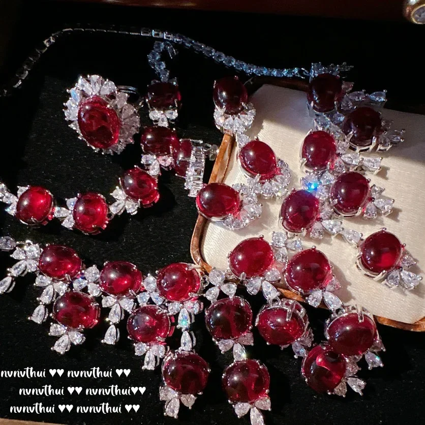 Conjunto de joyería de plata S925 para mujer, collar geométrico de rubí de laboratorio, pendientes, anillo, pulsera, joyería elegante para fiesta, joyería de boda