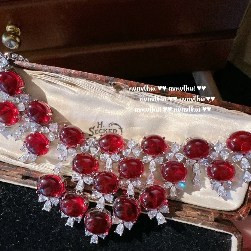 Conjunto de joyería de plata S925 para mujer, collar geométrico de rubí de laboratorio, pendientes, anillo, pulsera, joyería elegante para fiesta, joyería de boda