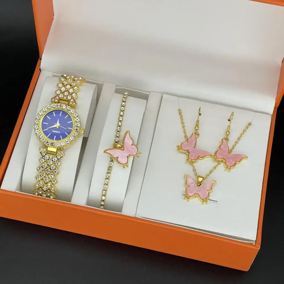 1 Juego de joyería para mujer con caja de regalo colección completa de reloj de cuarzo collar pulsera anillo pendiente conjunto joyería dorada regalo
